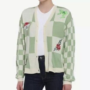 Thorn & FableEmbroidered Green and Ivory Checkered Sweater